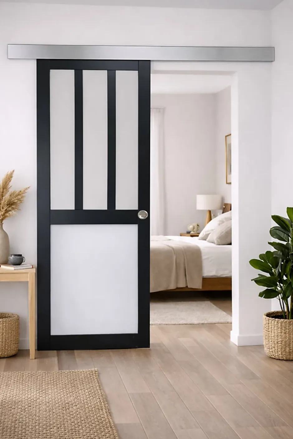 Gd Menuiseries Porte Coulissante Atelier Noir, Blanc Vitrée H204 X L73, Rail Alu, Coquilles