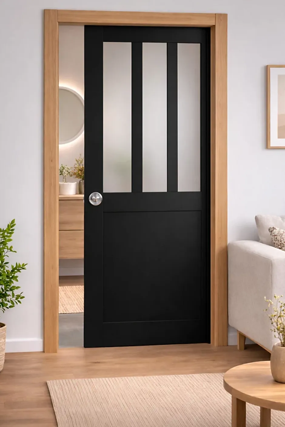 Gd Menuiseries Porte Coulissante Atelier Noir Vitre Depoli H204 X L73, Galandage, Kit Finition