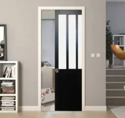 Gd Menuiseries Porte Coulissante Atelier Noir Vitre Depoli H204 X L73, Galandage, Kit Finition