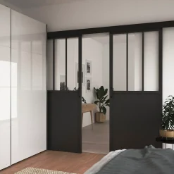 Porte coulissante Atelier noire 3 vitrages H.204 x l.83 cm