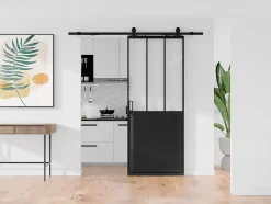 Porte coulissante atelier avec système en applique - Noir et verre trempé dépoli - H205 x L73 cm - ARTISTO II-Vente-unique