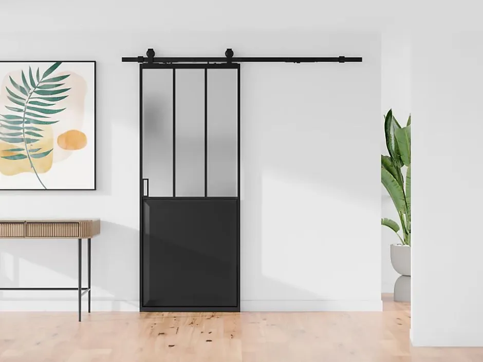 Porte coulissante atelier avec système en applique - Noir et verre trempé dépoli - H205 x L73 cm - ARTISTO II-Vente-unique