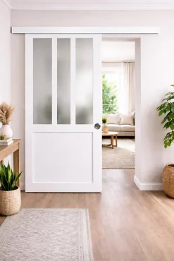 Gd Menuiseries Porte Coulissante Atelier Blanc Vitre Depoli H204 X L73, Rail Alu Bandeau Blanc, Coquilles