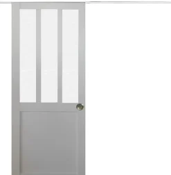 Gd Menuiseries Porte Coulissante Atelier Blanc Vitre Depoli H204 X L73, Rail Alu Bandeau Blanc, Coquilles