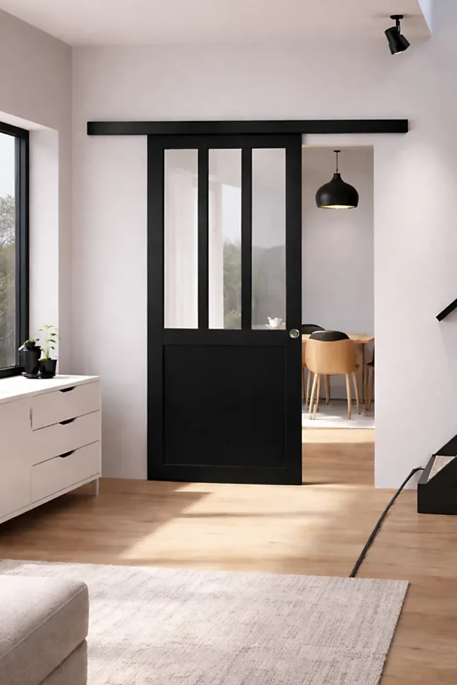 Gd Menuiseries Porte Coulissante Atelier Noir H204 X L93, Rail Alu Bandeau Noir, Coquilles