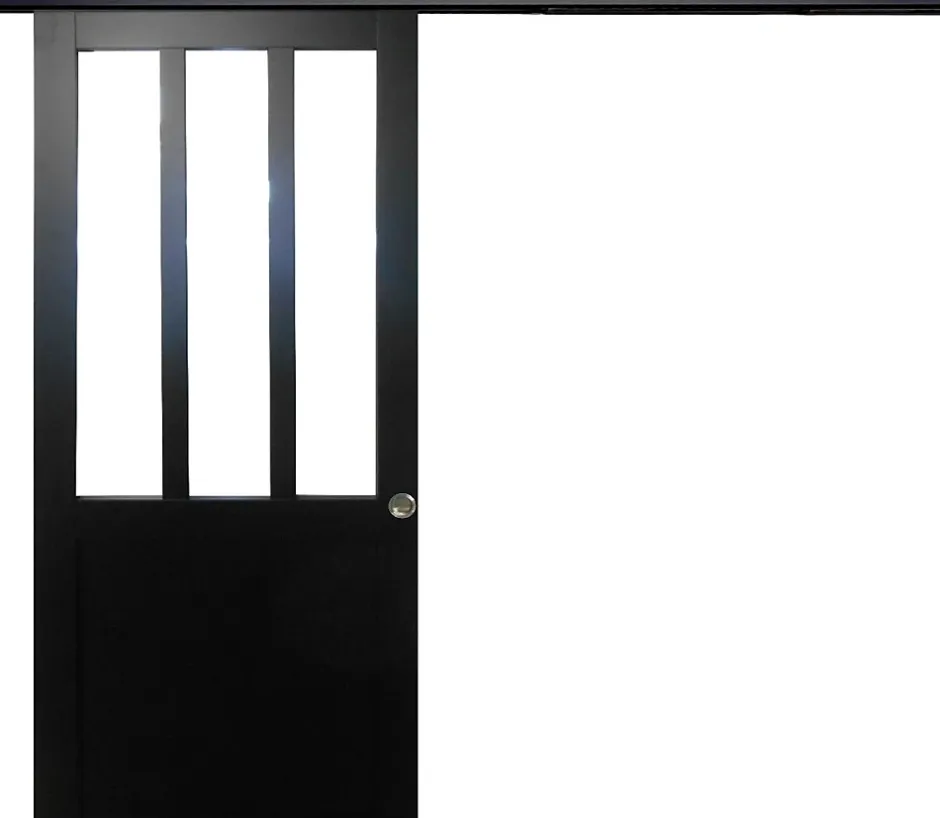 Gd Menuiseries Porte Coulissante Atelier Noir H204 X L93, Rail Alu Bandeau Noir, Coquilles