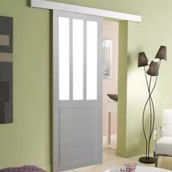 Porte Coulissante Atelier Blanc H204 X L93, Rail Alu Bandeau Blanc-Gd Menuiseries Online