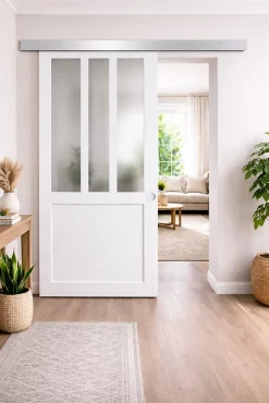 Gd Menuiseries Porte Coulissante Atelier Blanc Vitre Depoli H204 X L73, Rail Alu, Coquilles Blanc