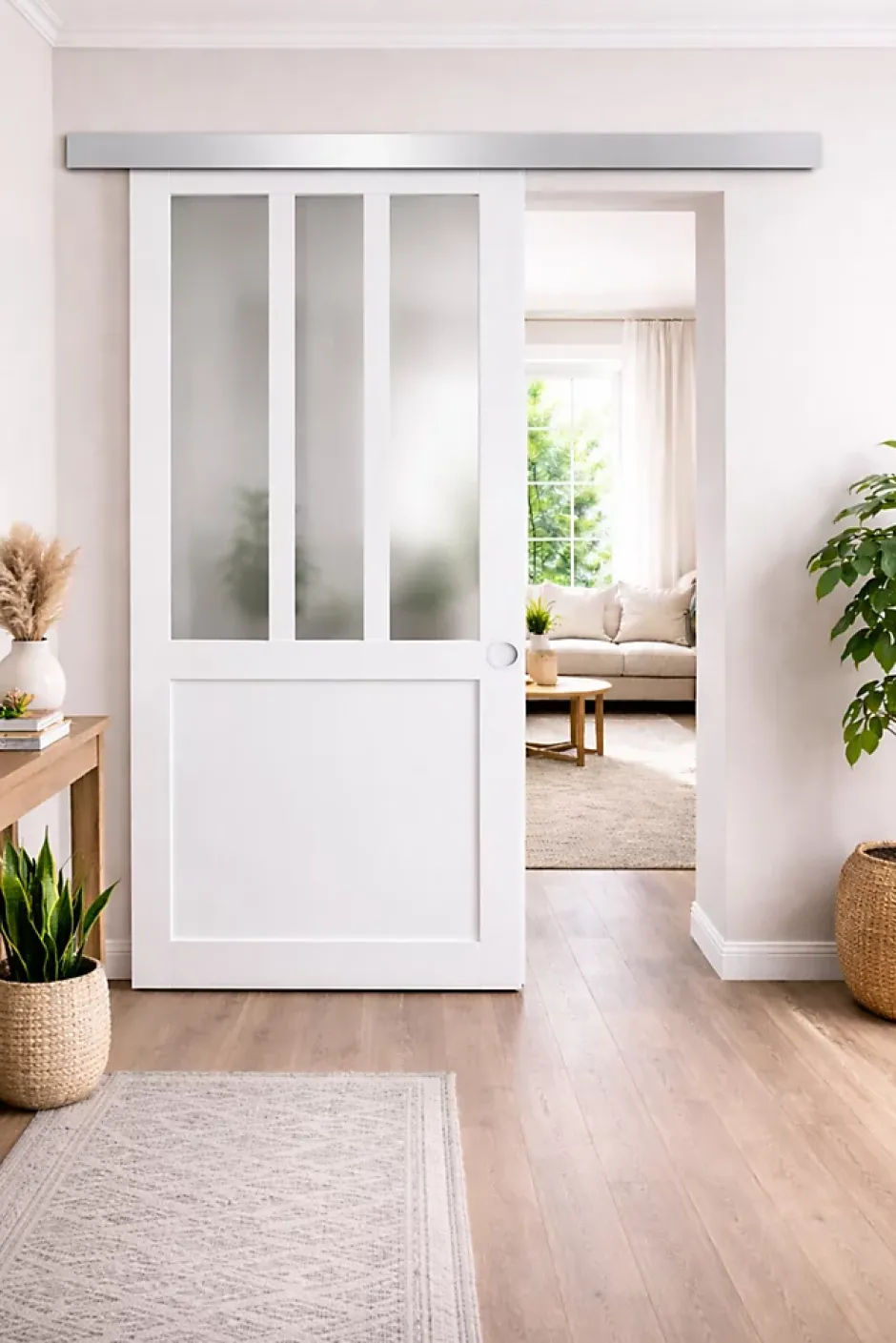 Gd Menuiseries Porte Coulissante Atelier Blanc Vitre Depoli H204 X L73, Rail Alu, Coquilles Blanc