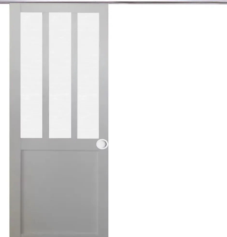 Gd Menuiseries Porte Coulissante Atelier Blanc Vitre Depoli H204 X L73, Rail Alu, Coquilles Blanc