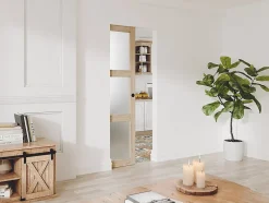 Porte coulissante avec système à galandage en bois et verre trempé dépoli - 3 fenêtres - H205 x L63 cm - ACOSTA II-Vente-unique Discount