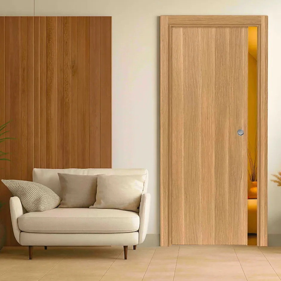 Porte coulissante cloison Matild, H.204 x l.63 cm, sans serrure, finition chêne brut structuré-Reivilo Clearance