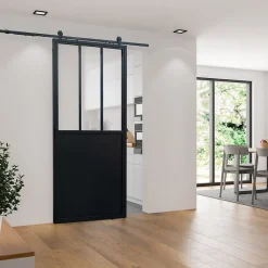 Schulte Porte coulissante complète verre - 90x215 - Porte vitrée - Décor industriel - Satinée - Noir