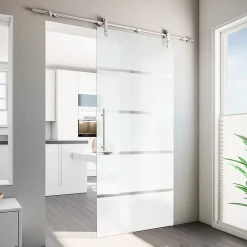 Porte coulissante complète 90x208 - verre de sécurité - porte vitrée - décor dépoli - système apparent-Schulte Sale
