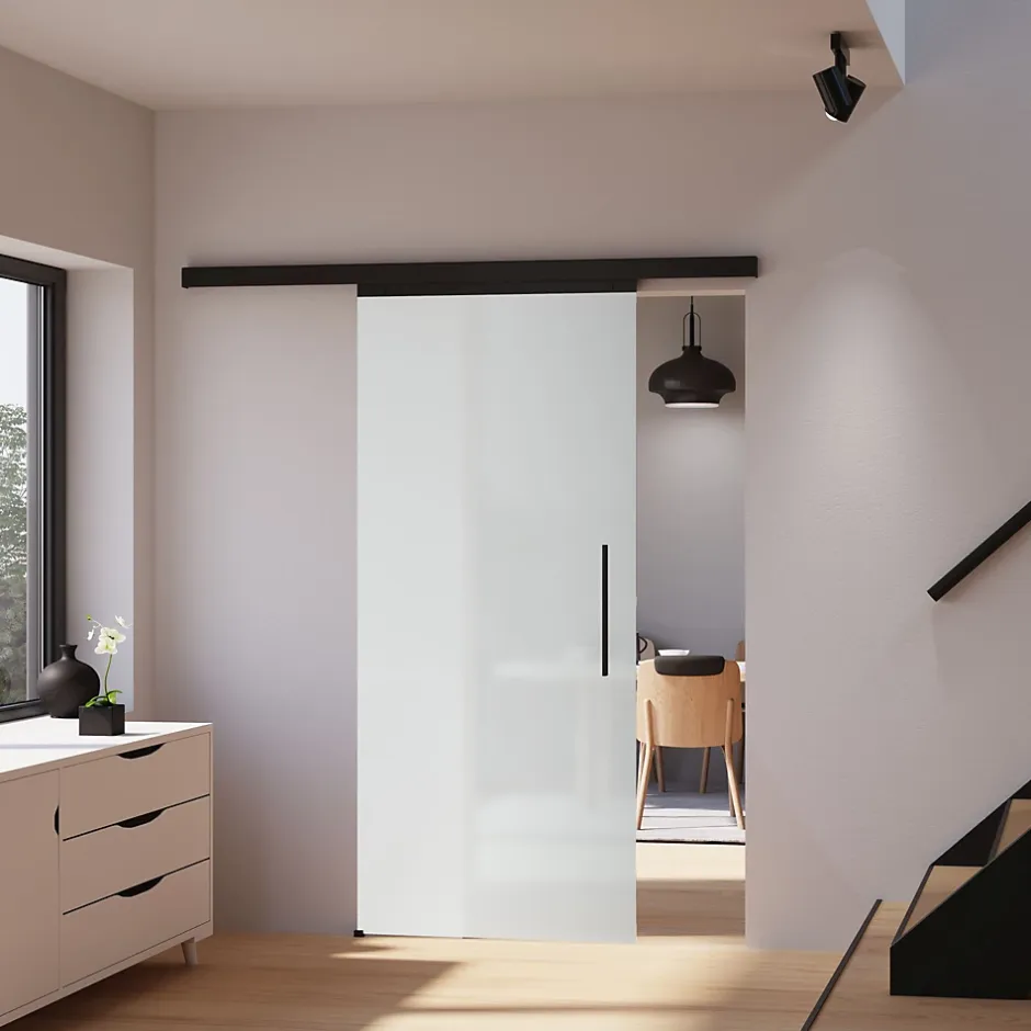 Porte Coulissante Complète 90x203 - Rail Noir - Verre De Sécurité - Verre Sablé - Poignée Barre -softclose-Schulte New