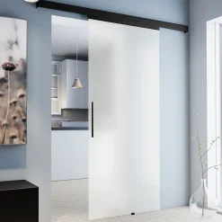 Porte Coulissante Complète 90x203 - Rail Noir -porte Vitrée - Verre Sablé - Poignée Barre-double Softclose-Schulte Sale