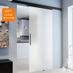Porte Coulissante Complète 90x203 - Rail Noir -porte Vitrée - Verre Sablé - Poignée Barre-double Softclose-Schulte Sale