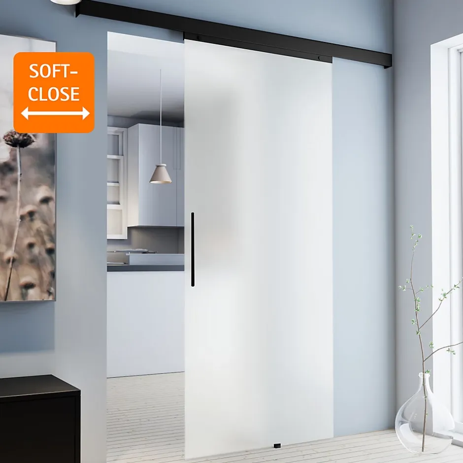 Porte Coulissante Complète 90x203 - Rail Noir -porte Vitrée - Verre Sablé - Poignée Barre-double Softclose-Schulte Sale