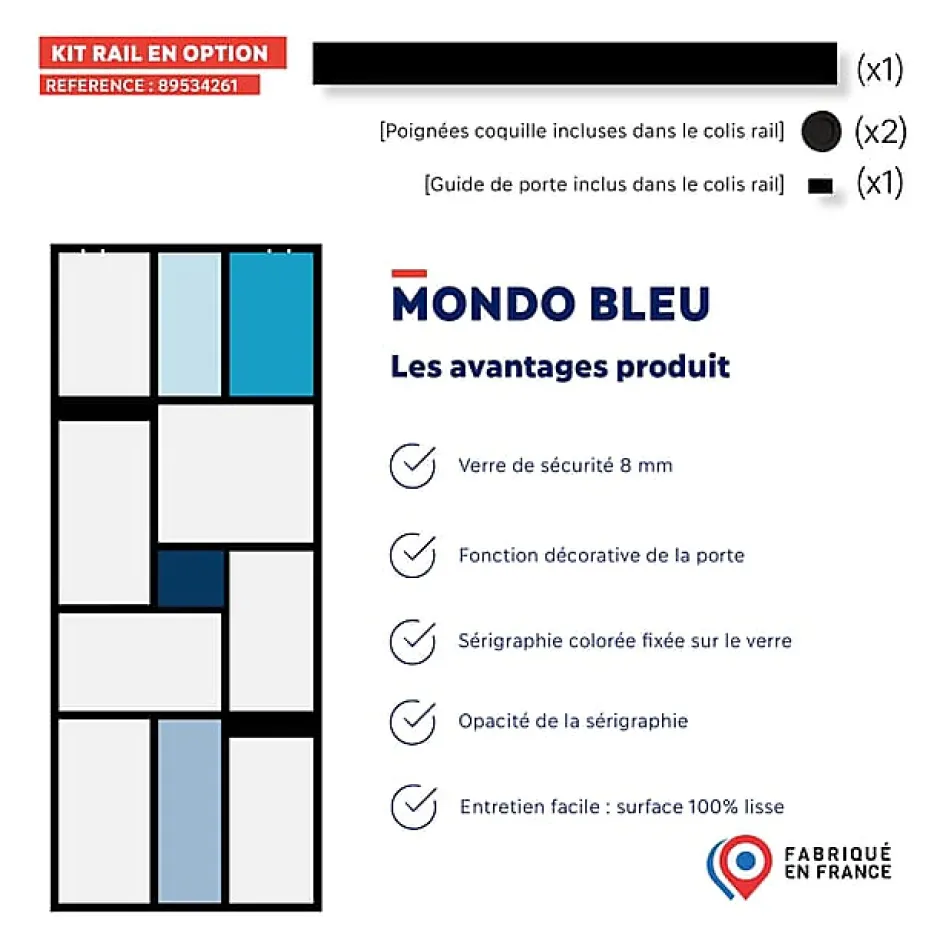 Aurys Porte coulissante en verre seule (rail non inclus) - MONDO OPAQUE BLEUE - H. 204 x L. 93 - Fabrication Française NORMANDIE