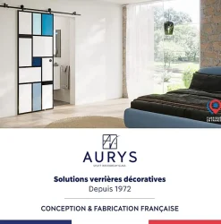 Aurys Porte coulissante en verre seule (rail non inclus) - MONDO OPAQUE BLEUE - H. 204 x L. 93 - Fabrication Française NORMANDIE