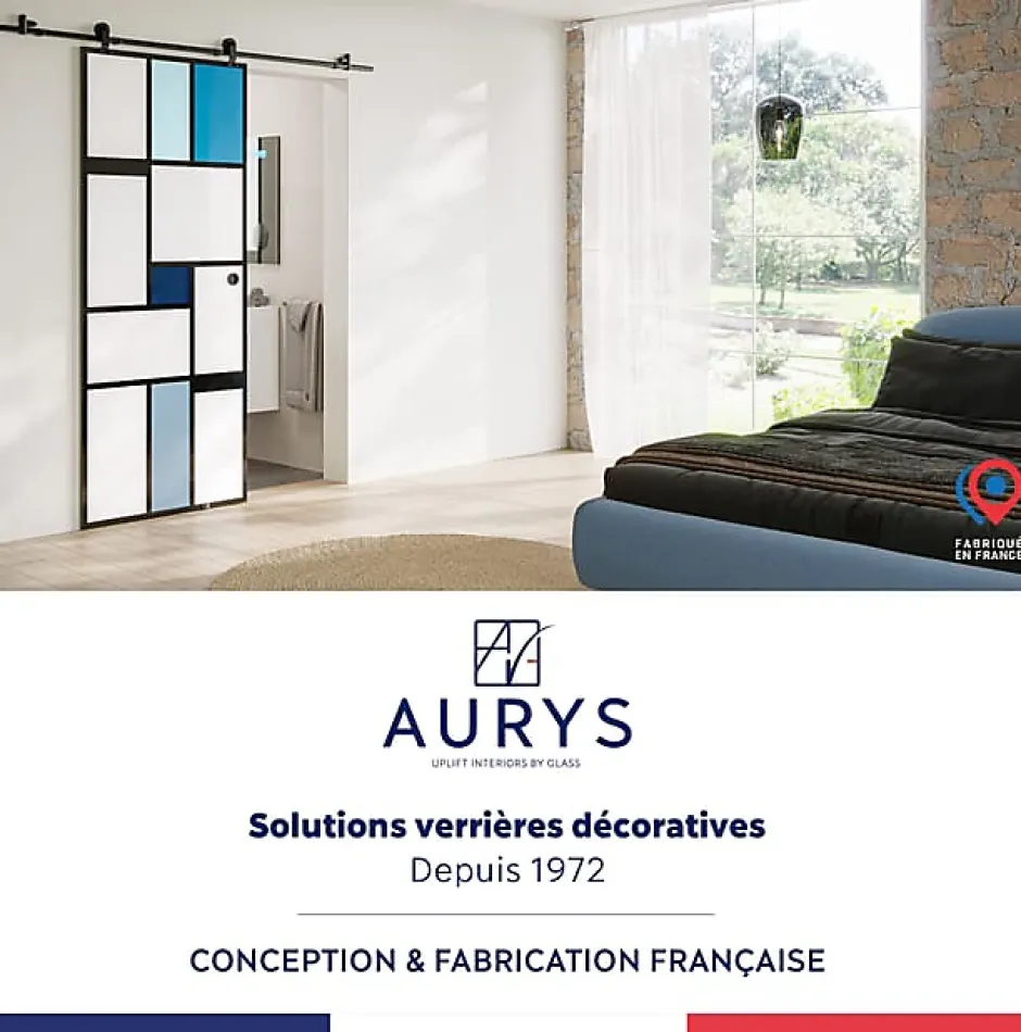 Aurys Porte coulissante en verre seule (rail non inclus) - MONDO OPAQUE BLEUE - H. 204 x L. 93 - Fabrication Française NORMANDIE