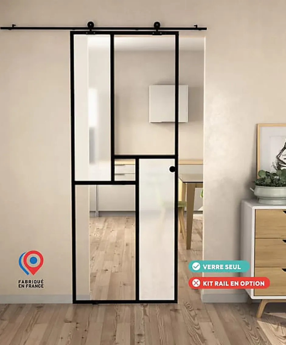 Aurys Porte coulissante en verre seule (rail non inclus) - MINIMO - H.204 x L.93 cm - Fabrication Française NORMANDIE