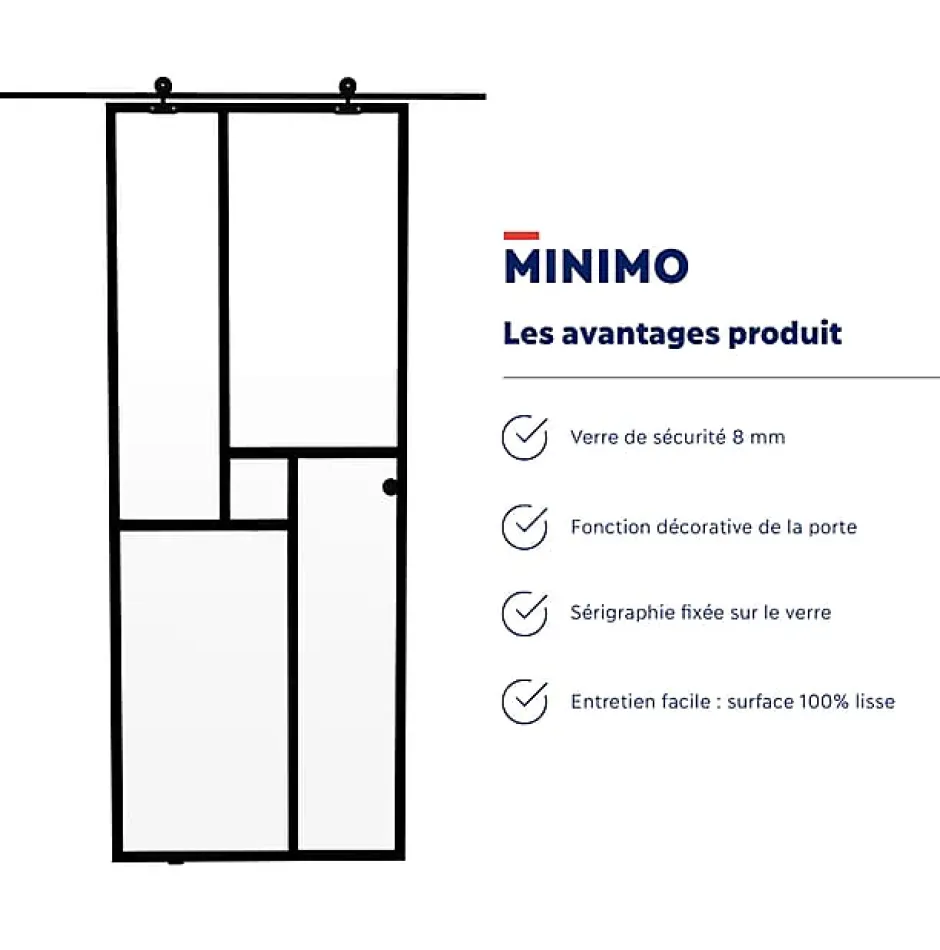 Aurys Porte coulissante en verre seule (rail non inclus) - MINIMO - H.204 x L.93 cm - Fabrication Française NORMANDIE