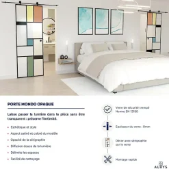 Aurys Porte coulissante en verre seule (rail non inclus) - MONDO OPAQUE - H. 204 x L. 73 - Fabrication Française NORMANDIE