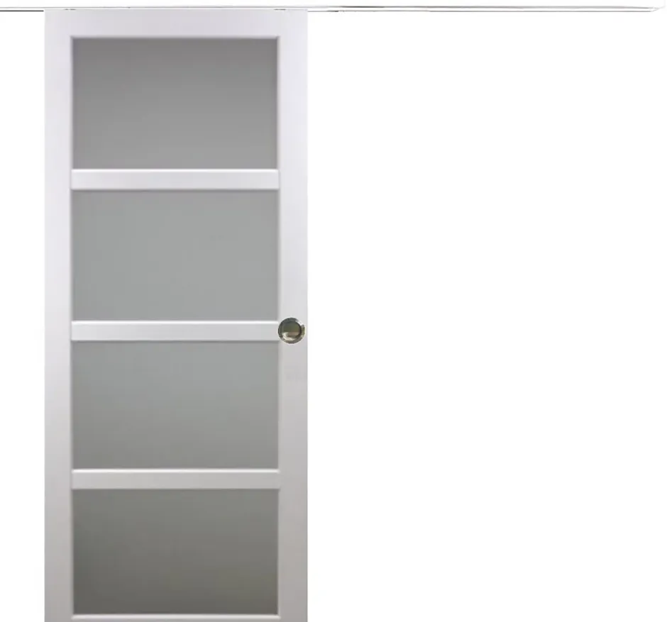 Gd Menuiseries Porte Coulissante Tana Blanc Vitrée H204 X L93, Rail Alu Bandeau Blanc, Coquilles