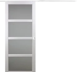 Porte Coulissante Tana Blanc Vitrée H204 X L63, Rail Alu Bandeau Blanc, Coquilles Blanc-Gd Menuiseries New