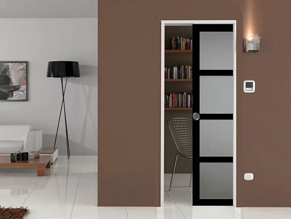 Gd Menuiseries Porte Coulissante Telia Noir Vitrée H204 X L83, Galandage, Kit De Finition