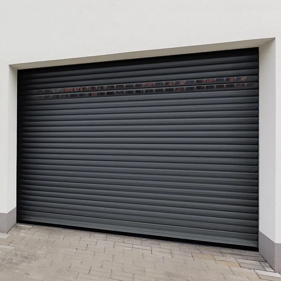 Protecta Porte de garage motorisée enroulable aluminium Ambre gris H.200 x L.300 cm avec hublots