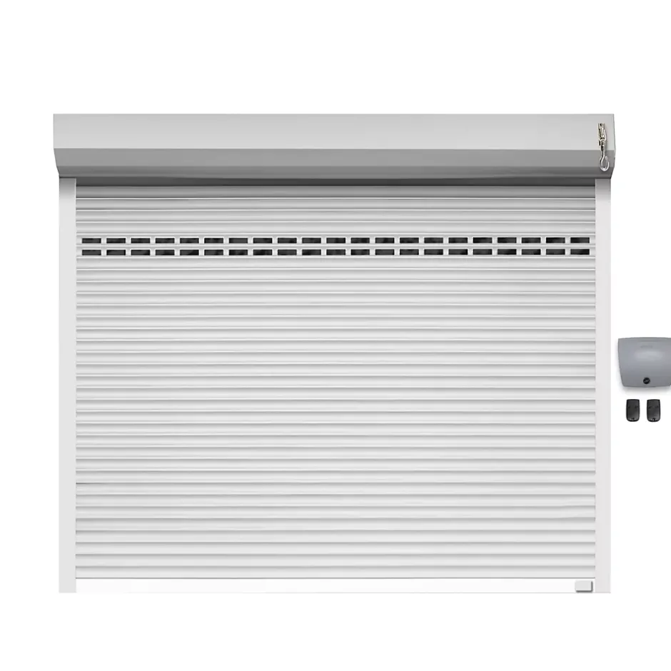 Porte de garage motorisée enroulable aluminium Ambre Blanc H.200 x L.300 cm avec hublots-Protecta Online