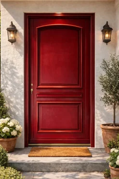 Porte D'entrée Bois Pleine Carene Rouge Ral 3004, H.215xl.90 Côte Tableau, P.droit-Gd Menuiseries Discount