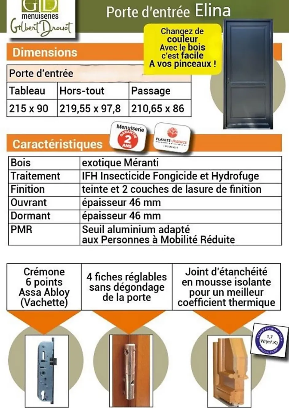 Porte D'entrée Bois Pleine Elina, H.215xl.90 Côte Tableau P.gauche-Gd Menuiseries Online