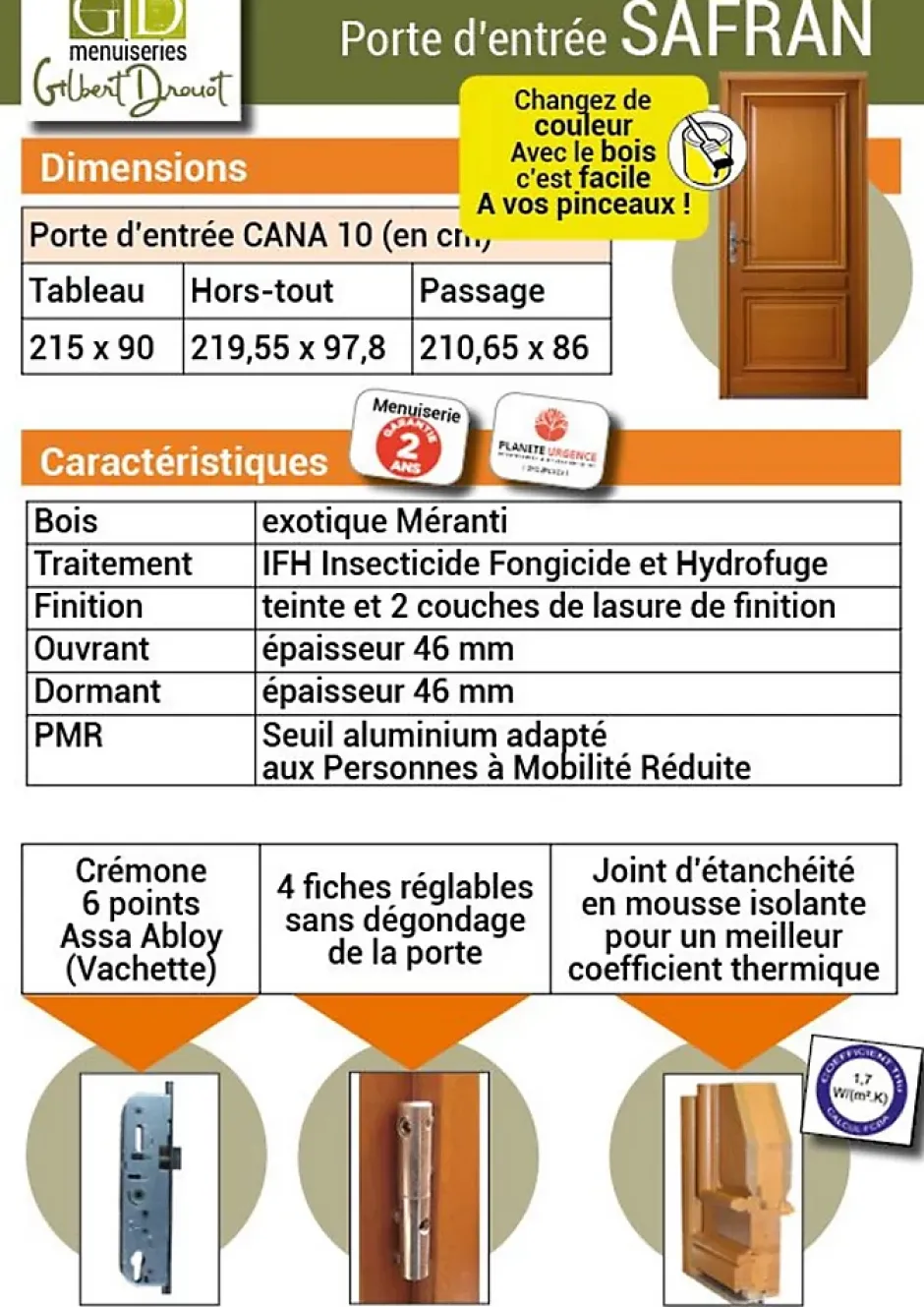 Gd Menuiseries Porte D'entrée Bois Pleine Safran, H.215xl.90 Côte Tableau P. Gauche