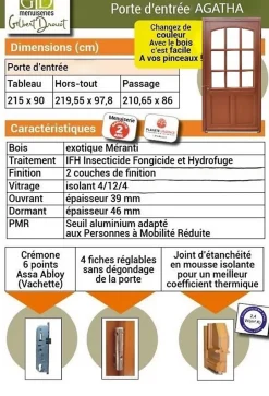 Porte D'entrée Bois Vitrée Agatha, H.215xl.90 P,gauche Côte Tableau, Poignée, Barillet-Gd Menuiseries New