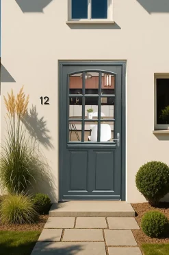 Porte D'entrée Bois Vitrée Alexa Gris Ral7016, H.215xl.90 Côte Tableau P.gauche, Poignée, Barillet-Gd Menuiseries Best