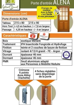 Porte D'entrée Bois Vitrée Alena, H.215xl.80 Côte Tableau P. Gauche-Gd Menuiseries New