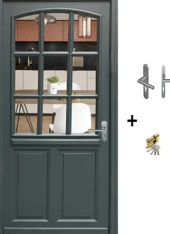 Porte D'entrée Bois Vitrée Alexa Gris Ral7016, H.215xl.80 Côte Tableau P.gauche, Poignée, Barillet-Gd Menuiseries Hot