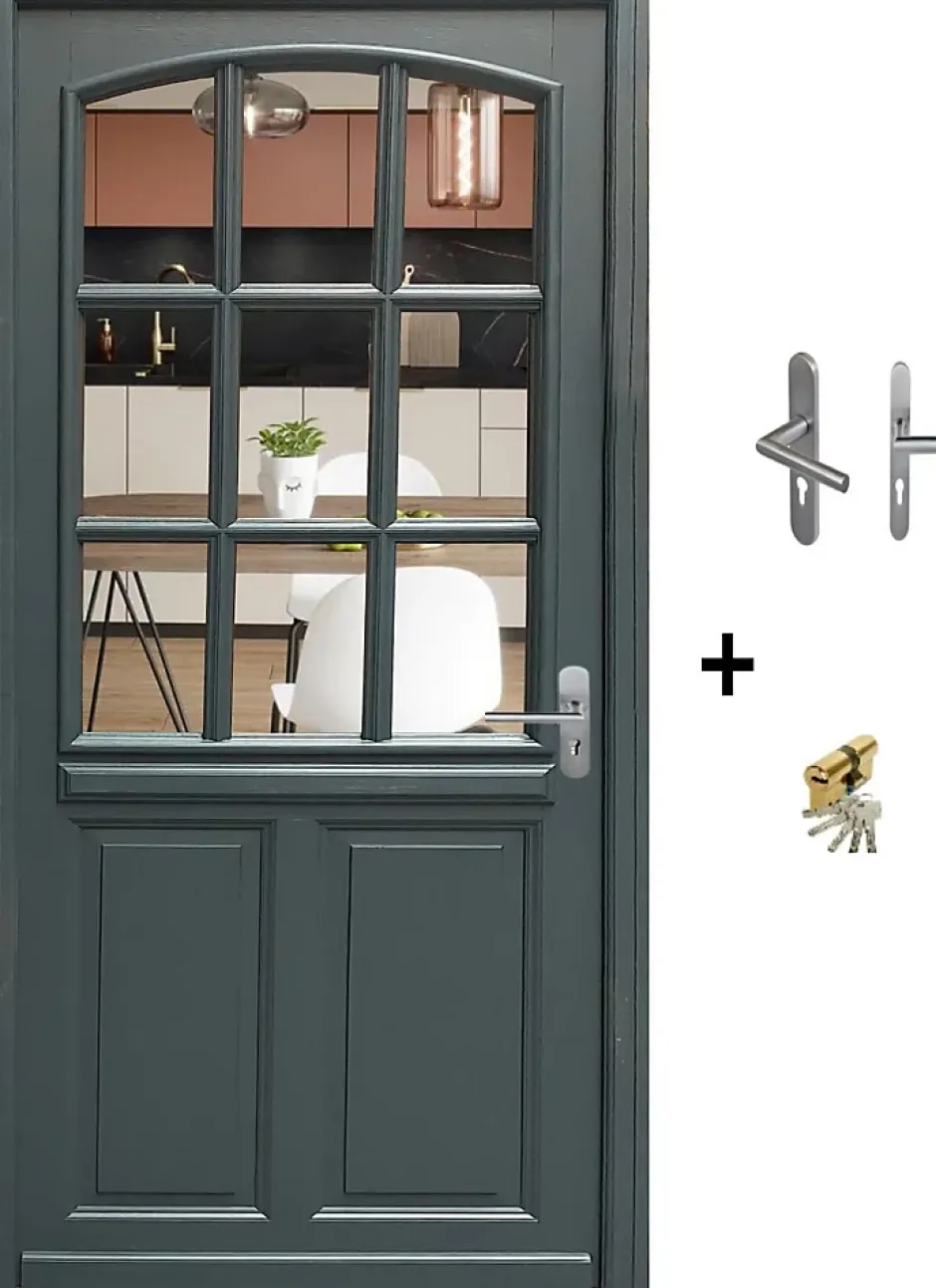 Porte D'entrée Bois Vitrée Alexa Gris Ral7016, H.215xl.90 Côte Tableau P.gauche, Poignée, Barillet-Gd Menuiseries Clearance