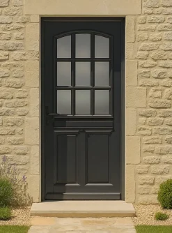 Gd Menuiseries Porte D'entrée Bois Vitrée Alicia Gris Ral7016, H.215xl.90 Côte Tableau, P.droit, Poignée, Barillet