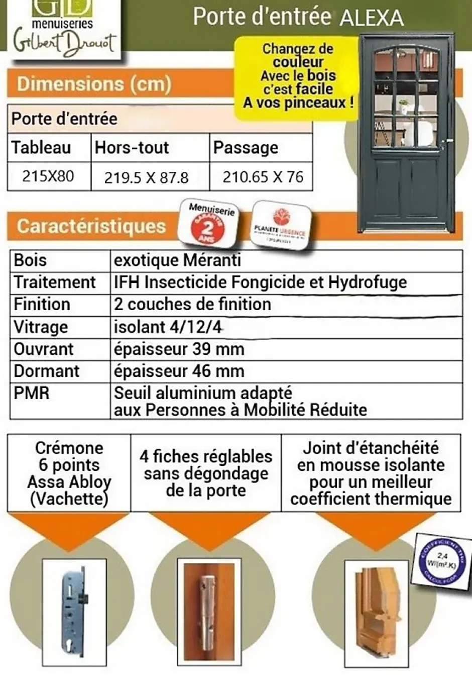 Gd Menuiseries Porte D'entrée Bois Vitrée Alexa Gris Ral7016, H.215xl.90 Côte Tableau P.gauche