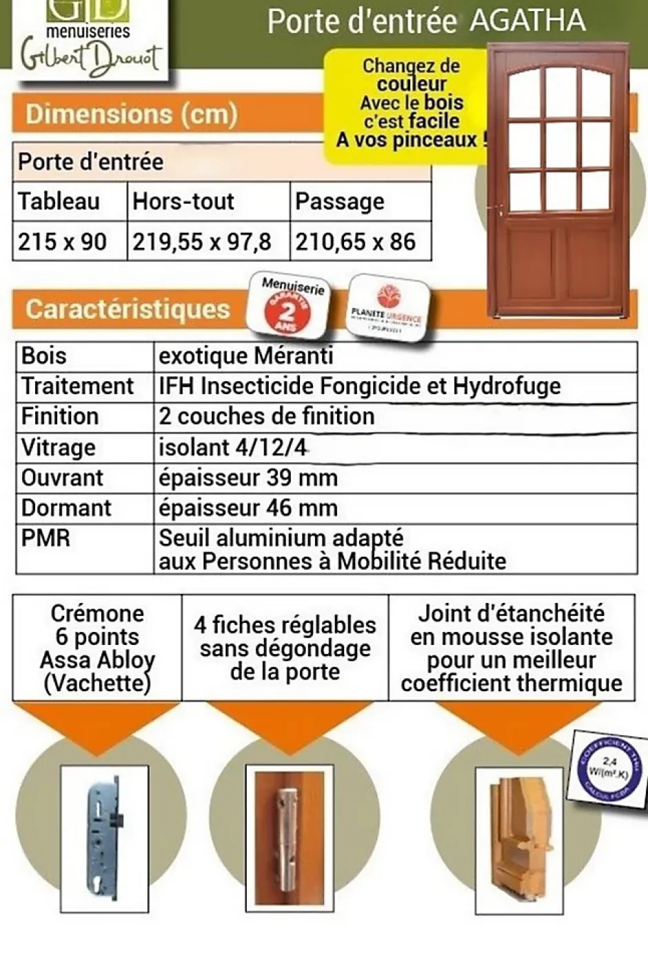Gd Menuiseries Porte D'entrée Bois Vitrée Agatha, H.215xl.90 Côte Tableau, P.droit, Poignée, Barillet