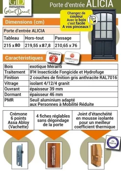 Gd Menuiseries Porte D'entrée Bois Vitrée Alicia Gris Ral7016, H.215xl.80 Côte Tableau, P.droit