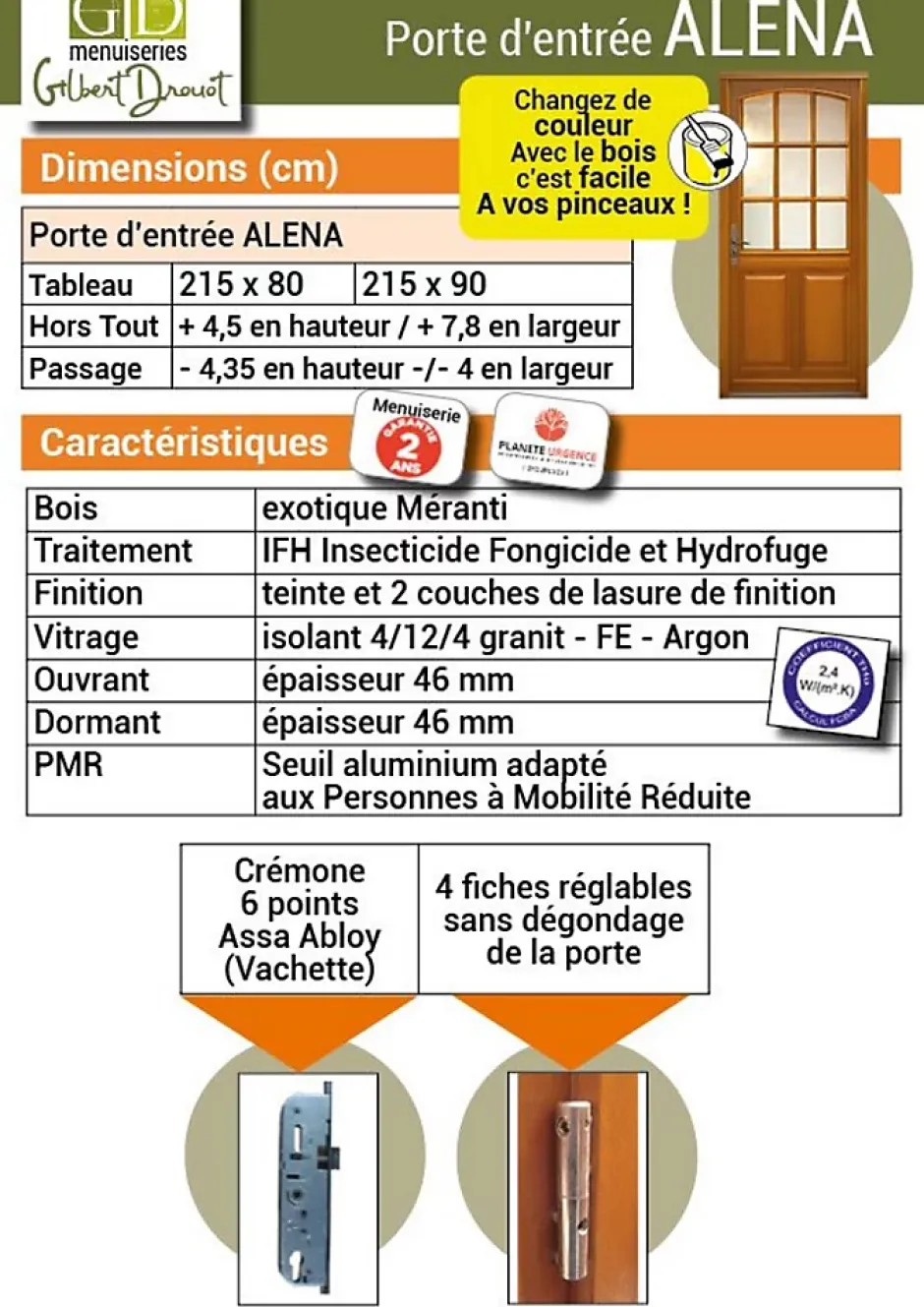 Gd Menuiseries Porte D'entrée Bois Vitrée Alena, H.215xl.80 Côte Tableau P.droit