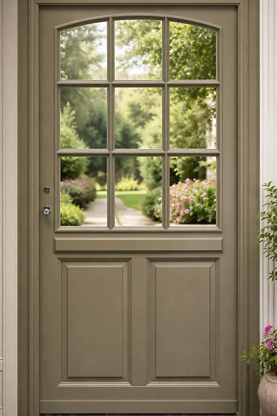 Gd Menuiseries Porte D'entrée Bois Vitrée Ady, Vert Ral7002,, H.215xl.90 Côte Tableau, P.droit, Poignée, Barillet