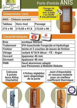 Porte D'entrée Bois Vitrée Anis, H.215xl.90 Côte Tableau P.droit-Gd Menuiseries Best
