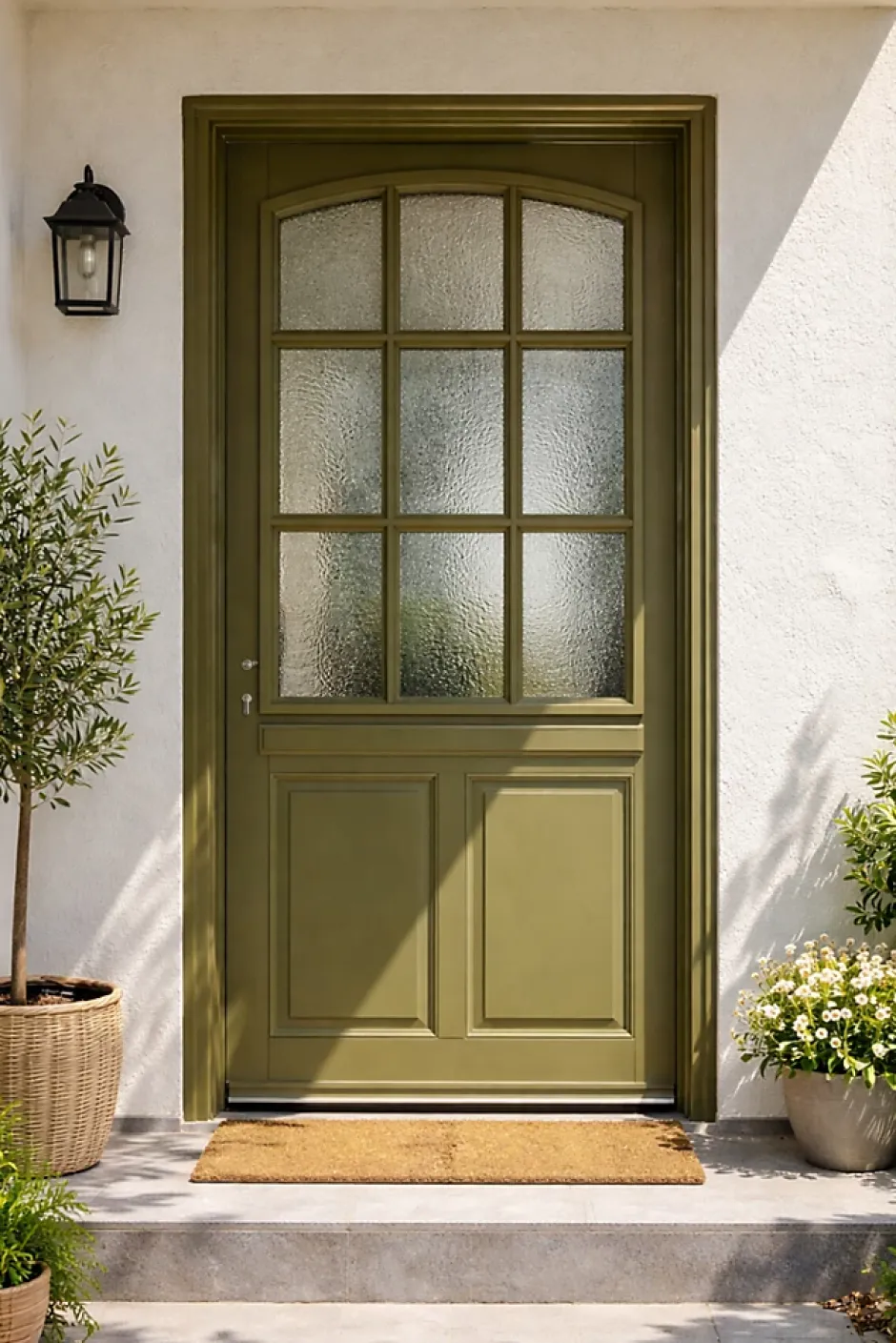 Gd Menuiseries Porte D'entrée Bois Vitrée Andore Vert Ral 7002, H.215xl.80 Côte Tableau P.droit