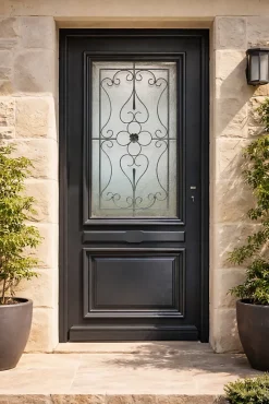 Porte D'entrée Bois Vitrée Candice Ral 7016, H.215xl.90 Côte Tableau P. Gauche-Gd Menuiseries New